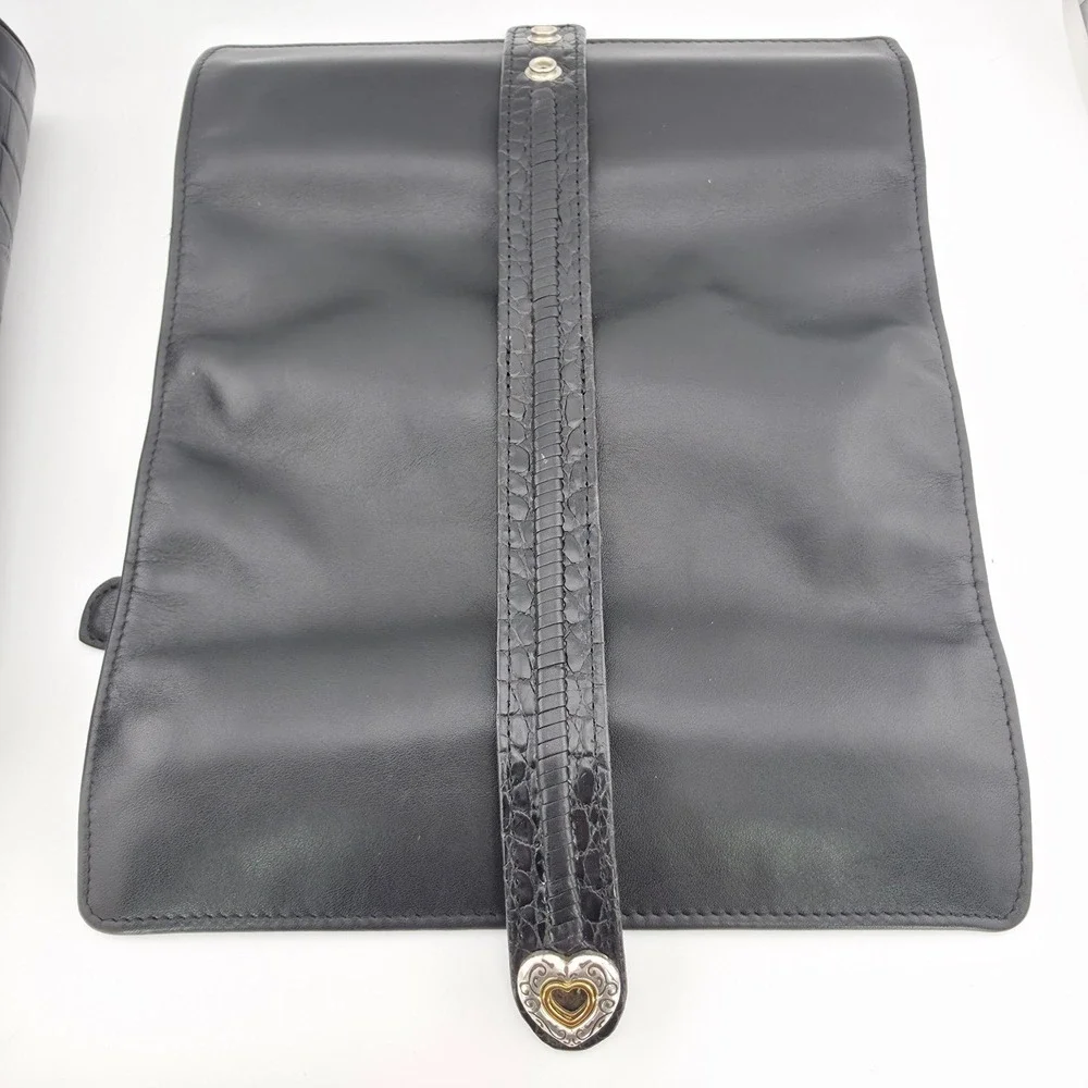 BRIGHTON Travel Jewelry Organizer Bag Roll Black Leather Heart Silver Gold Plate
